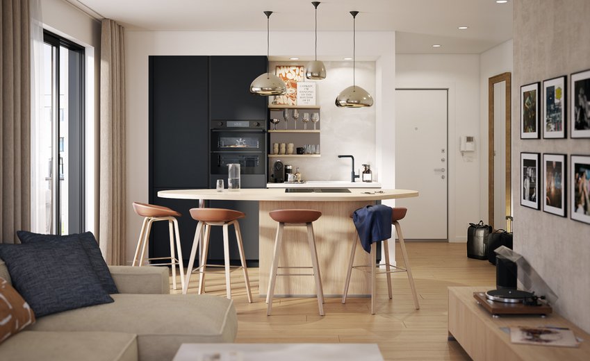 Matzwarte keuken, open naar de woonkamer, met een licht houten kookeiland en eethoek.