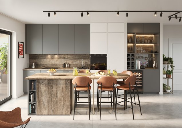 Industriële sfeer verwarmd door hout Houd je van ruwe materialen zoals staal, beton of zwart metaal, dan is hout essentieel om warmte toe te voegen.