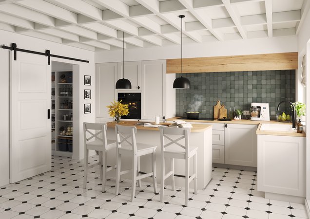 Tendance cuisine moderne blanc et gris Cuisine lumineuse style moderne scandinave Alliance blanc épuré et gris-vert texturé Chaleur du bois clair et carrelage géométrique noir et blanc Un espace chic et actuel.